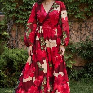Baltic Born Vibrant Red and Cream Floral Long Sleeve Dress wedding guest